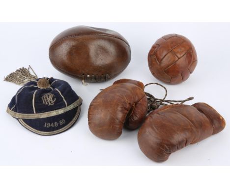 Collection of Vintage Sporting items - To include Boxing gloves, 1949-50 velvet blue sport cap, Rugby ball and football. 