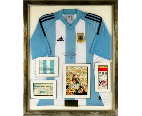 Maradona Signed Argentina Shirt, Displayed with 1990 and 1994 World Cup ticket, framed 88x74cm, with COA.