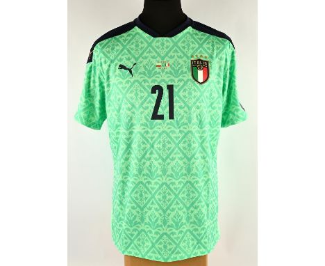 Gianluigi Donnarumma's Match Shirt for Bulgaria v Italy 2021. Green Italy national football team goalkeeper's shirt, version 