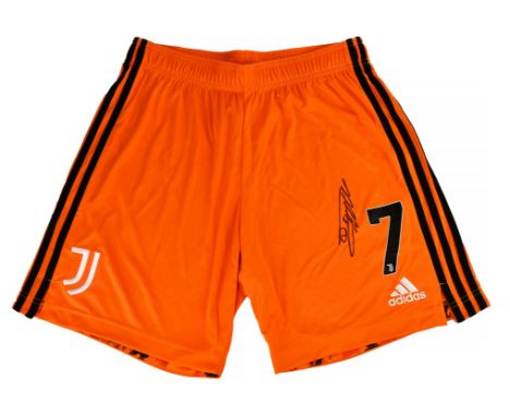 Cristiano Ronaldo Signed Official Juventus Shorts from 2020/2021 season. Orange Juventus FC third shorts, an official store p