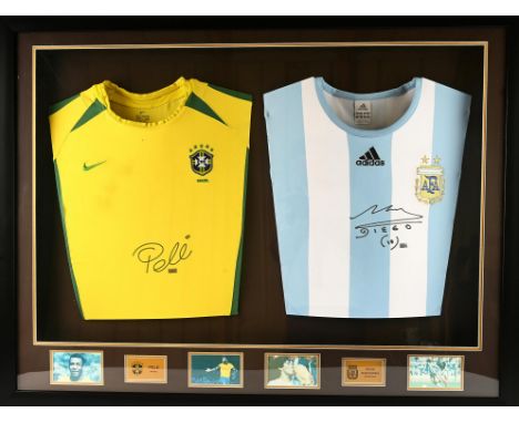 Pele & Maradona Signed Shirt Display - Pele Brazil Signed Shirt along with Argentina Diego Maradona Signed Shirt, 3D Sports D