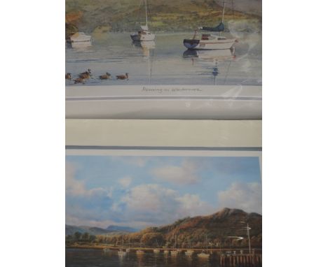 A print after Paul Hanley, Boats at Rest, signed, 8in x 11in and a print after D R Emmett, Morning on Windermere, signed 9in 