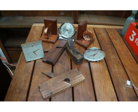 Collection of wood working planes, book ends &amp; vintage clocks 