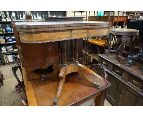 A Regency mahogany and ebony inlaid pedestal card table,&nbsp;91.5cm wide. 