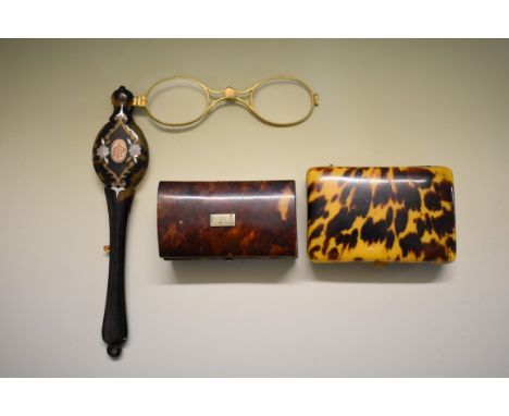 Two 19th century tortoiseshell boxes,&nbsp;largest 8cm wide; together with another 19th century tortoiseshell and inlaid lorg