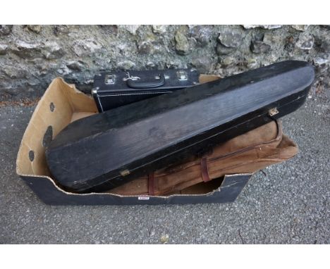 An Earlham clarinet in case; together with an ebonized violin case and five violin bows. 