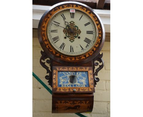 A 19th century rosewood and inlaid drop dial wall clock,&nbsp;bearing paper label to interior, with 11 1/2in dial.&nbsp;&nbsp