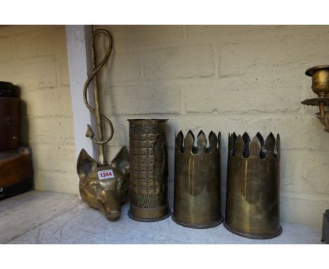 An old brass fox head and whip doorstop;&nbsp;together with three trench art vases.&nbsp; 