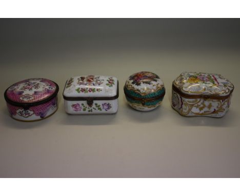 A group of four Continental porcelain boxes, comprising: a Sitzendorf circular example, 6.5cm diameter, a Sevres example, 9cm