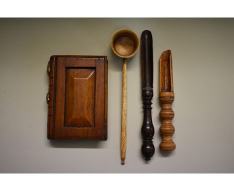 A 19th century oak novelty book form snuff box,&nbsp;bearing plaque inscribed 'Ironbridge, 1810', 9.5 x 7cm; together with tw
