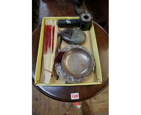 A mixed lot,&nbsp;to include: three&nbsp;silver mounted ebony items; together with a hip flask; a bone fan; and other items. 