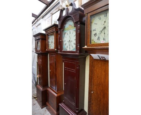An antique stained pine 8 day longcase clock,&nbsp;the 12 1/2in repainted arched dial inscribed 'R Barker, Fishbourne', heigh