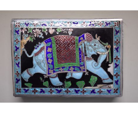 An Indian Lucknow silver and champleve enamel rectangular casket,&nbsp;decorated with an elephant, 11cm wide.&nbsp; 