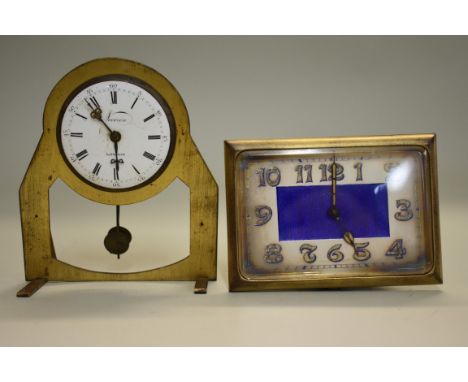 An Art Deco gilt brass timepiece, with guilloche enamel dial, 9cm wide; together with another antique pocket watch dial and m