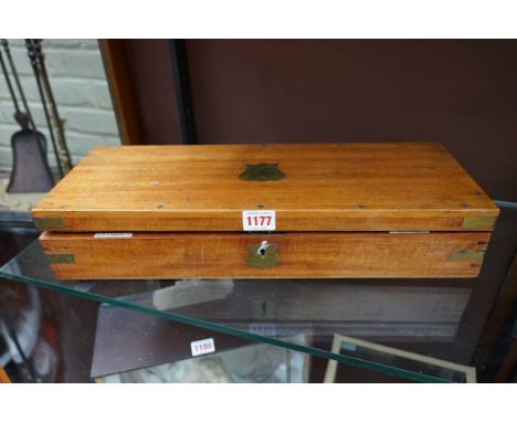 An early 20th century mahogany and brass bound casket,&nbsp;the hinged top with inset brass plaque inscribed 'Instruments, Op