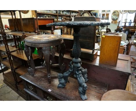 An Indian carved hardwood and bone inlaid circular occasional table, with elephant supports, 45cm diameter; together with ano