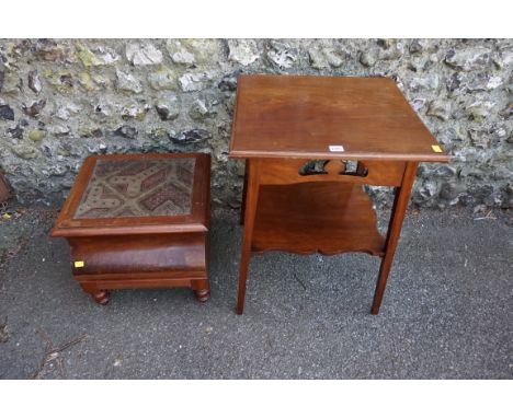 An old two tier occasional table, 71cm high x 52cm wide; together with an antique commode, having tapestry top. 