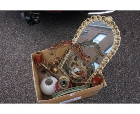 A carved wall mirror; together with an oil lamp, painted tray and a ceiling light. 
