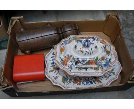 A Continental pottery tureen, cover and stand; together with a limited edition cloisonne enamel teapot and cover, in box; and