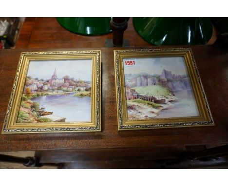 Peter Platt,&nbsp;'Ross on Wye'; 'Chepstow Castle', a pair, painted on porcelain, 14 x 14cm.Peter Platt was an artist at Roya