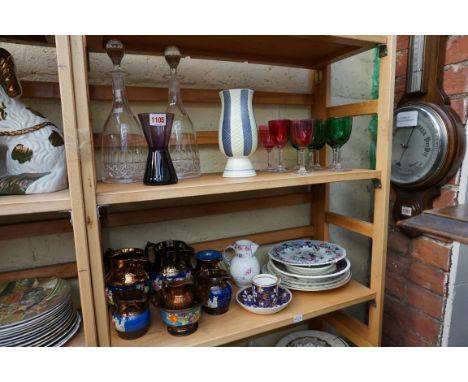 A pair of cut glass decanters and stoppers;&nbsp;together with a Poole pottery vase, 19cm high; and a small group of coloured