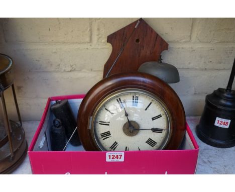 An antique Continental mahogany wall clock, with 6in dial and bell striking alarm, with two mis-matched weights and pendulum.