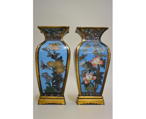 An interesting pair of Chinese cloisonne enamel vases,&nbsp;Qing, 13cm high.&nbsp; 