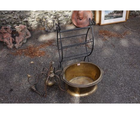 A six branch ceiling light, an old brass basin and one other item.&nbsp; 