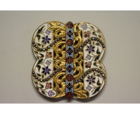 A champleve enamel, gilt metal and marcasite buckle, 5.8cm high. 