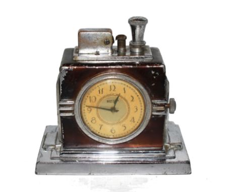 A Ronson Art Deco cigarette lighter and desk clock on an oblong base, 10cm x 10cm 