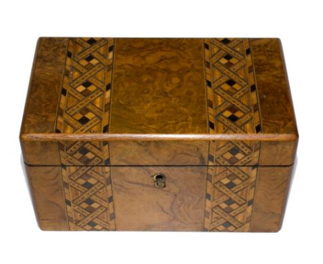 A 19th century walnut and cross banded oblong tea caddy with fitted interior, 20cm wide 