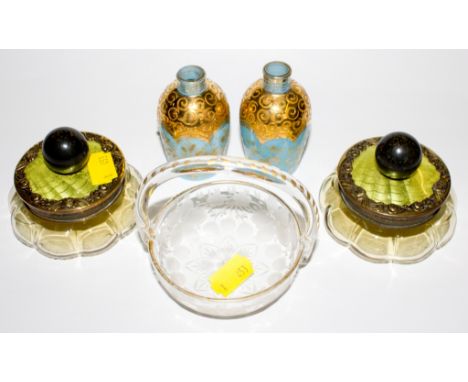 A pair of miniature blue vaseline glass vases with gilt decoration and small glass basket with enamel and gilt decoration, to