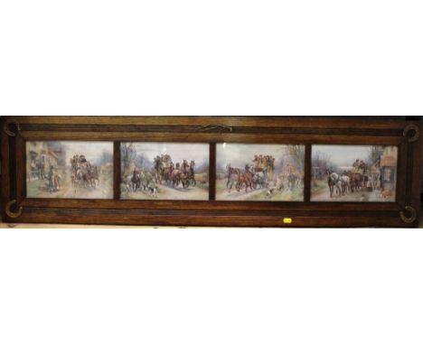 An early 20th century set of four hunting prints set in a fluted oak frame