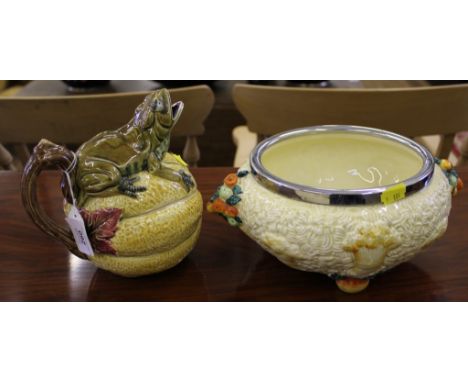 A mid 20th century ceramic Barbola circular bowl with silver plated rim and a circular novelty jug with frog and spout