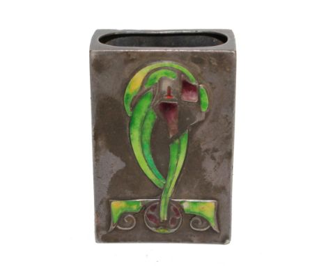 A silver and enamel matchbox cover by Liberty & Co. 