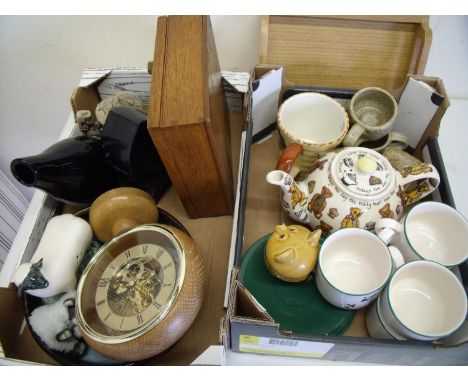 Various decorative ceramics, Studioware, coffee cups, Hornsea Pottery, sheep mugs, serving tray, oak cased clock, similar box