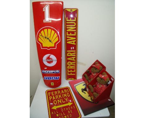 Collection of Ferrari memorabilia including canvas print, two Ferrari teddy bears, Ferrari Avenue tin sign, a Ferrari Parking