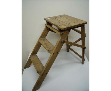 Vintage polished wood set of three heighted folding step ladders 