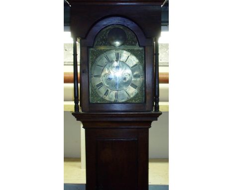Oak cased 8 day brass faced long case clock by W Clarke Morpeth No 57, with secondary dials and flat top hood (45cm x 23cm x 