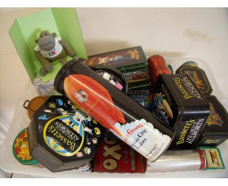 Large selection of various vintage and later branded tin boxes including early Oxo Cube box, Tetleys Monkey, Bassetts Liquori