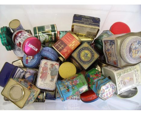 Large selection of various vintage and modern tins of various designs and brands including tea canisters, biscuit tins, cough