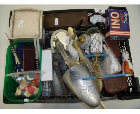 Box containing a selection of various miscellaneous items including collectables, ceramics, vintage gaming tokens, shoe lasts