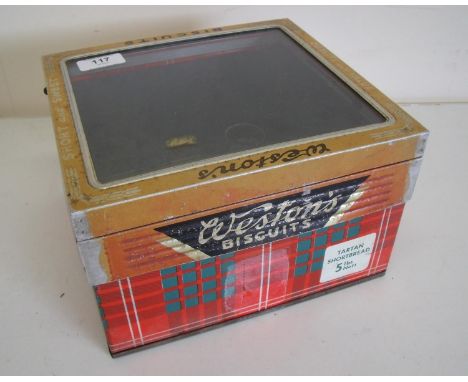 Interesting vintage tartan shortbread Weston's biscuits display tin with hinged lift up glazed lid (23.5cm x 22cm x 15cm) 