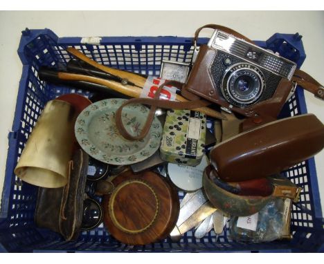 Box containing a selection of various assorted collectables including Opera glasses, binoculars, vintage camera, glove stretc