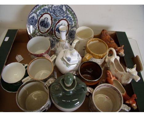 Victorian twin handled tankard, selection of Staffordshire style cow creamers, various other Victorian and later ceramic tank