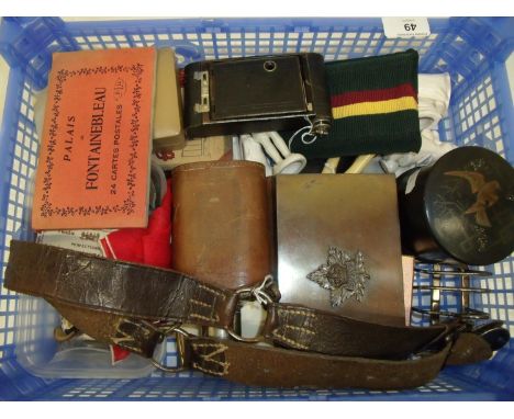 Box containing a selection of various assorted collectable items including Boy Scouts belt, papier mache dressing table box, 