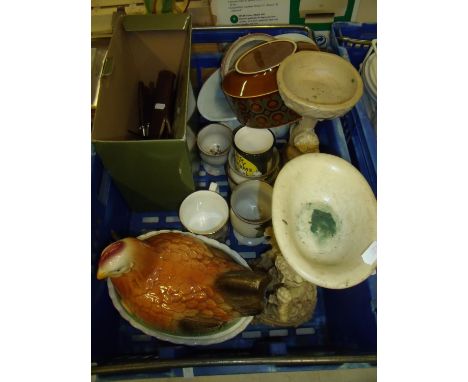 Various decorative ceramics including Hornsea, ceramic chicken, various plated cutlery and other items (one box) 