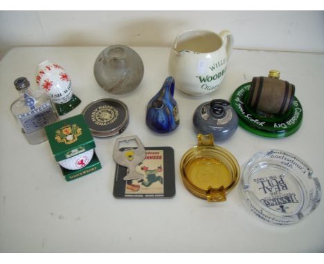 Selection of various collectable beer signs including 2pint sized decanters, whisky jugs, miniature Ben Eagles curling stone 
