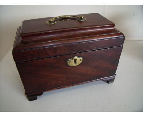 Early 19th C mahogany tea caddy with hinged rectangular top revealing three sectional fitted interior with three lift out can