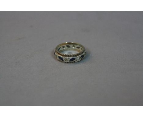 A MID-20TH CENTURY 9CT GOLD SYNTHETIC BLUE AND WHITE SPINEL ETERNITY RING, ring size L1/2, approximate gross weight 7.7 grams